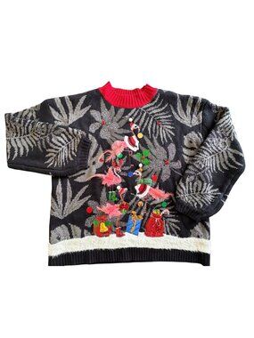 Flamingo Christmas Tree Holiday Sweater Feathers Rhinestones Sequins Buzzard Bay